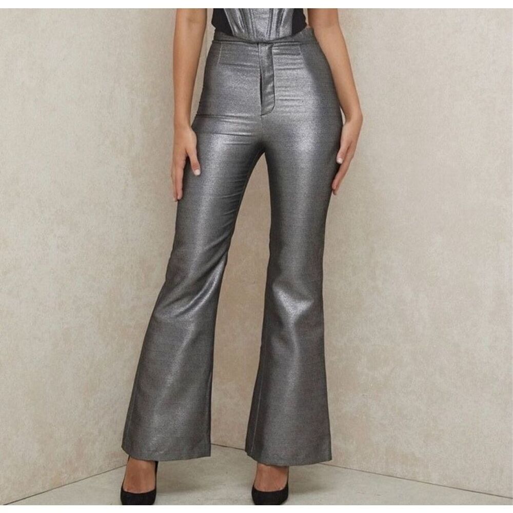 House of CB London Metallic Gray Lined Flat Front Wide Leg Trouser Pants Size XL